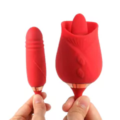 Estimulador de Clitóris Duplo com Língua em Formato de Flor Rosa e Vibrador Ponto G Vai e Vem