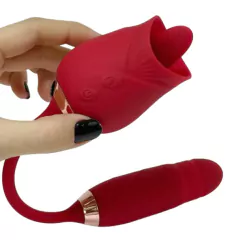 Estimulador de Clitóris Duplo com Língua em Formato de Flor Rosa e Vibrador Ponto G Vai e Vem