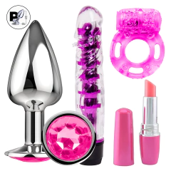Kit Plug Anal Tamanho P + Anel Peniano + Vibrador Personal com Capa + Vibrador Feminito Formato Batom