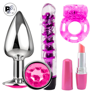 Kit Plug Anal Tamanho P + Anel Peniano + Vibrador Personal com Capa + Vibrador Feminito Formato Batom