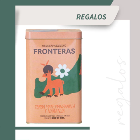 Yerbera Lata Fronteras Manzanilla y Naranja con yerba mate x 500grs