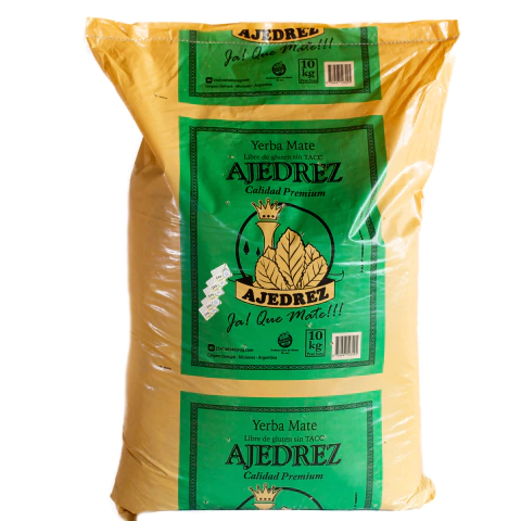 Bolsón de yerba mate Ajedrez Despalada Tradicional de 10 kg con hojas grandes, libre de gluten.