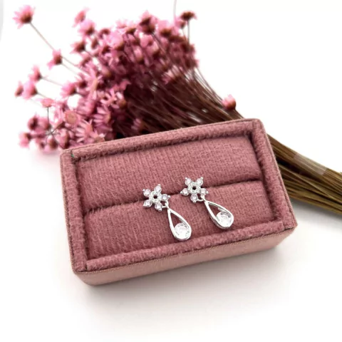 BRINCO FLOR PENDURADA 5 PEDRAS E GOTA COM PEDRA ROSA - comprar online