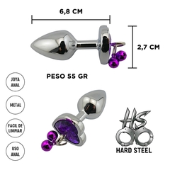 Joya anal con forma de corazon violeta y cascabeles