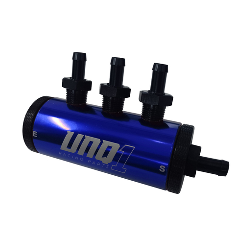 DIVISOR DE COMBUSTIVEL COM 3 ENTRADAS ESPIGÃO 3/8" E 1 SAÍDA ESPIGÃO 1/2" AZUL
