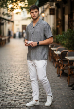 ART - 7837 CAMISA MANGAS CORTAS DE LINO CON LINEAS - terraoficial