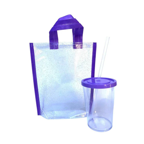 Bolsita Souvenir pvc Glitter + Vaso 300cc c/tapa y sorbete Lisos x1u