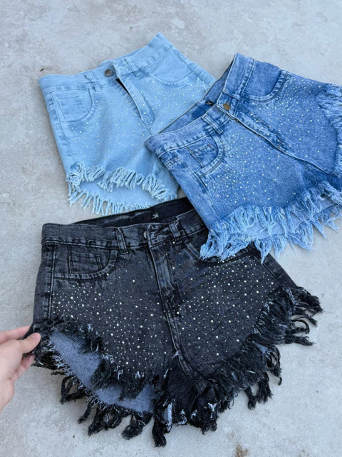 Short denim black strass
