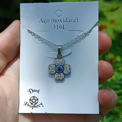 Colar Trevo com Olho Grego - Aço Inoxidável - comprar online