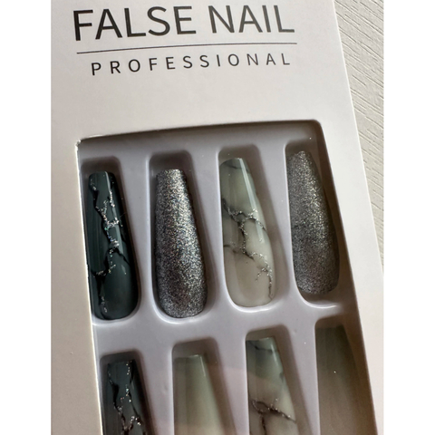 Unhas Postiças Cinza Marmorizado e Glitter