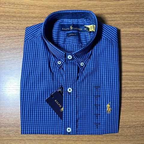 Camisa Social PRL Azul Manga Curta Xadrez
