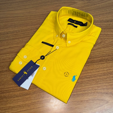 Camisa Social PRL Amarelo Ref02 Clássico Sarja Manga Longa