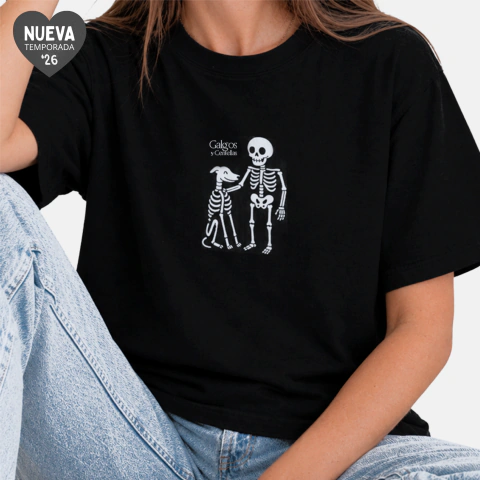 Remera "Mi Galgui esqueleto y yo" para humano - Negra con estampa en blanco - Algodón peinado 24/1 - Halloween