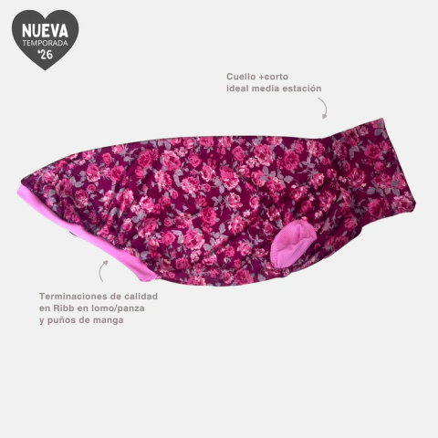 Remera para Galgo Primavera/Verano - Modelo Flores fondo Borgoña (Sin mangas) - 2026/2027