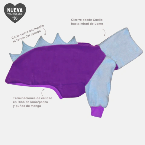 Polera Para Galgo PREMIUM - Invierno - Modelo DINO Violeta y Celeste (Con mangas y puño + Cierre)