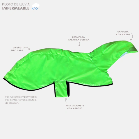 Piloto de lluvia Impermeable con capucha, forrado - Modelo Siré Verde Neón