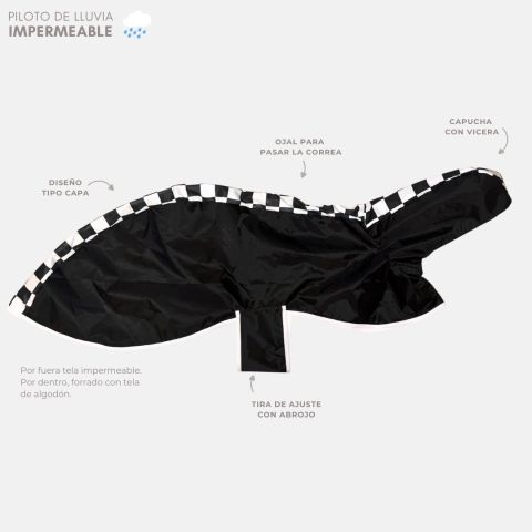Piloto de lluvia Impermeable con capucha, forrado - Modelo Combinado Negro y Tablero Ajedrez