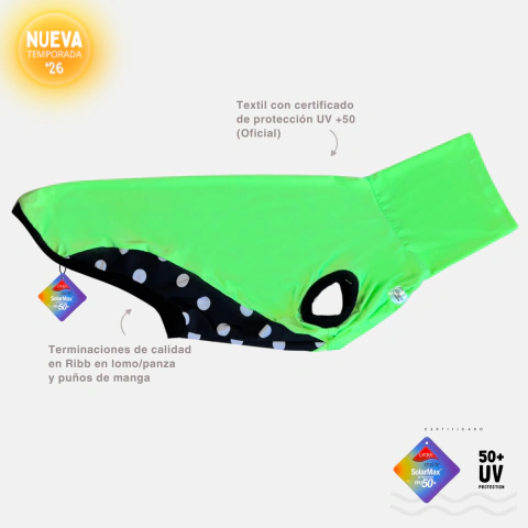 Remera filtro/protección solar UV +50 cuello largo, sin mangas - Modelo Combinado Verde Neón y Lunares - 2026/2027