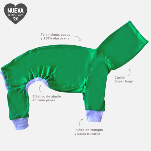 Enterito Pijama 4 patas Para Galgo - Invierno - Modelo Verde intenso y Lila (Con elástico) - 2026