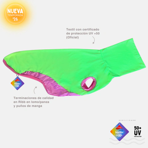 Remera filtro/protección solar UV +50 cuello largo, sin mangas - Modelo Combinado Verde Neón y Rayado Rosa - 2026/2027
