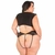 Modelo usando a fantasia Advogata Plus Size, mostrando a parte traseira da roupa de moda sensual em preto, com detalhes em renda.