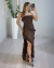 VESTIDO LONGO SUPLEX TOMARA QUE CAIA BABADOS FENDA FRONTAL - MARROM - comprar online