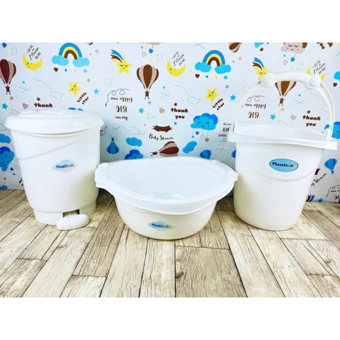 Kit Bacia + Lixeira c/ Pedal + Balde de Gatinho Branco