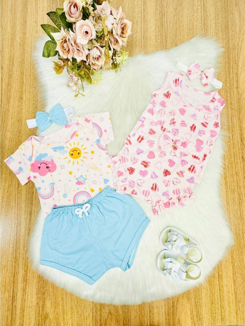 Kit c/2 Conjuntos Tapa Fralda + Body + Shorts + Faixa
