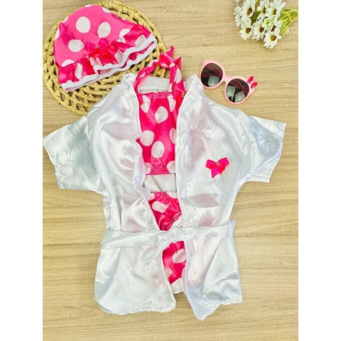 Kit Banho Praia c/4 Itens Biquíni + Chapéu + Roupão Pink de Bolinhas