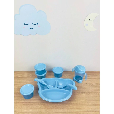 Kit de Alimentação c/8 Peças Pratinho c/ Divisórias + Copinho + 2 Colheres + 4 Potes para Alimentação Infantil