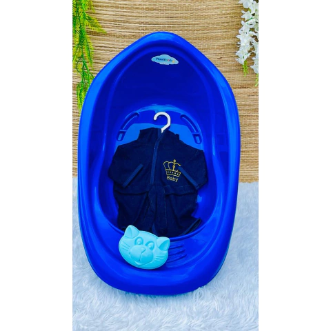 Kit Hora do Banho Boy Banheira 22 Litros Plastibaby + Roupão c/ Capuz + Saboneteira