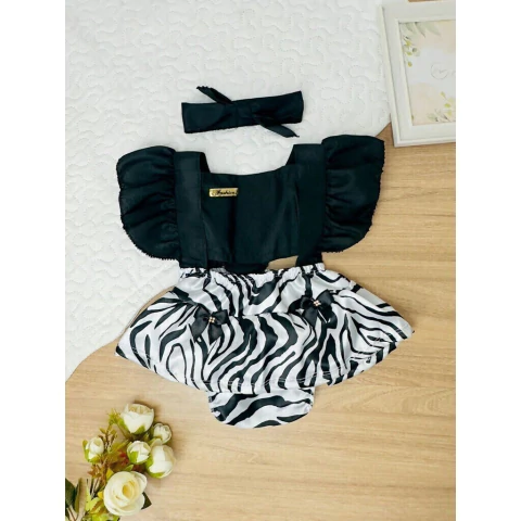 Romper Mesversário + Faixa de Cabelo Zebra Baby