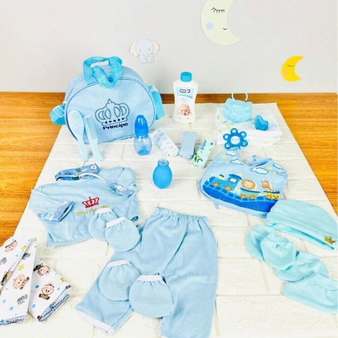 Kit Mamãe Bebê c/14 Itens para o Enxoval Azul Bebê