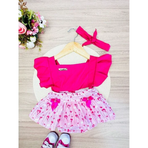 Romper Mesversário Pink c/ Coração + Faixa de Cabelo