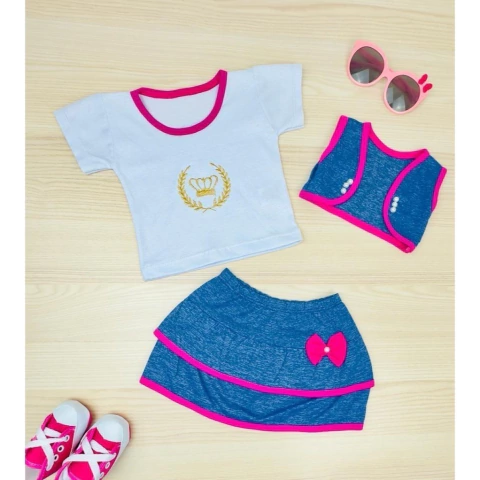 Conjunto 3 Peças Camisa + Bolero + Saia Estilo Jeans