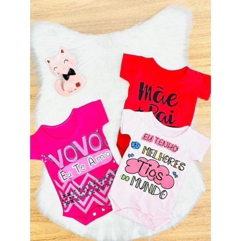 Kit c/3 Bodys de Bebê Menina Vovó + Tios + Pai e Mãe