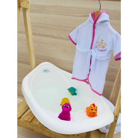 Kit Banho Feliz Banheira + Brinquedos de Banho + Roupão para Menina