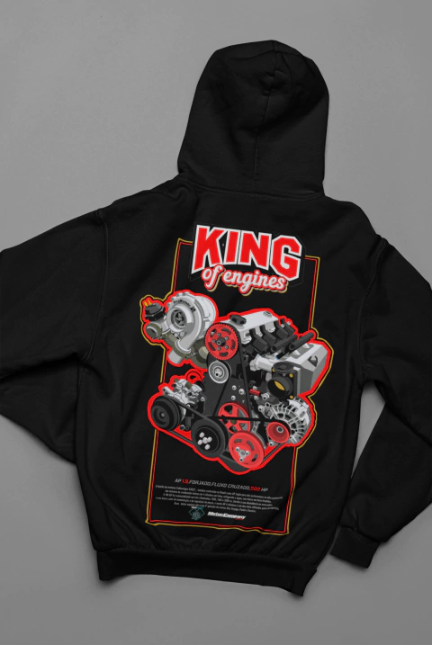 Moletom canguru preto com estampa colorida mostrando componentes de motor e a frase "KING of engines".
