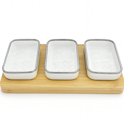 Bandeja Con 3 Copetineros Cerámica Y Madera -Trene- 22x11cm