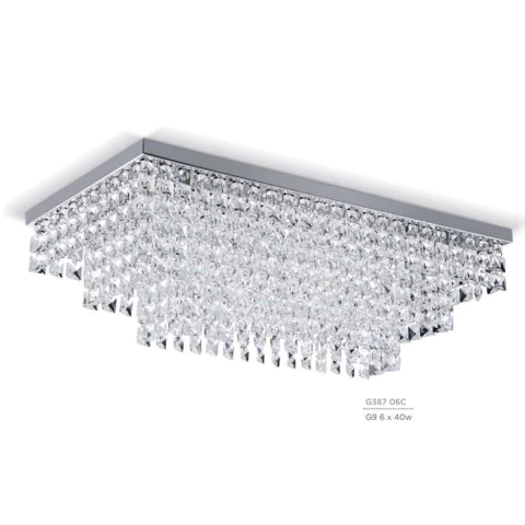 Plafón de techo rectangular con 6 luces y caireles de cristal