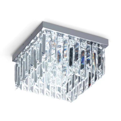 Plafón de techo cuadrado con cinco luces, diseño deco con cristales transparentes y estructura metálica cromada