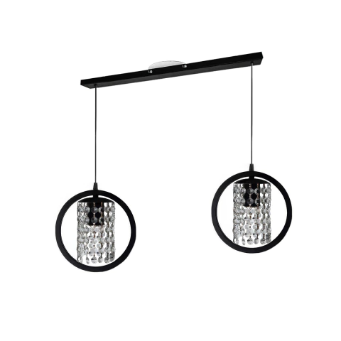 Lámpara colgante con dos luces, aros y detalles de cairel cristal e27