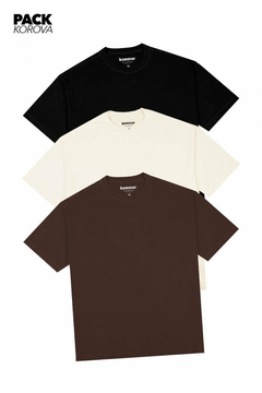 PACK DE 3 CAMISETAS NOVA OVERSIZED KOROVA PRETO/OFF/CAFÉ - comprar online