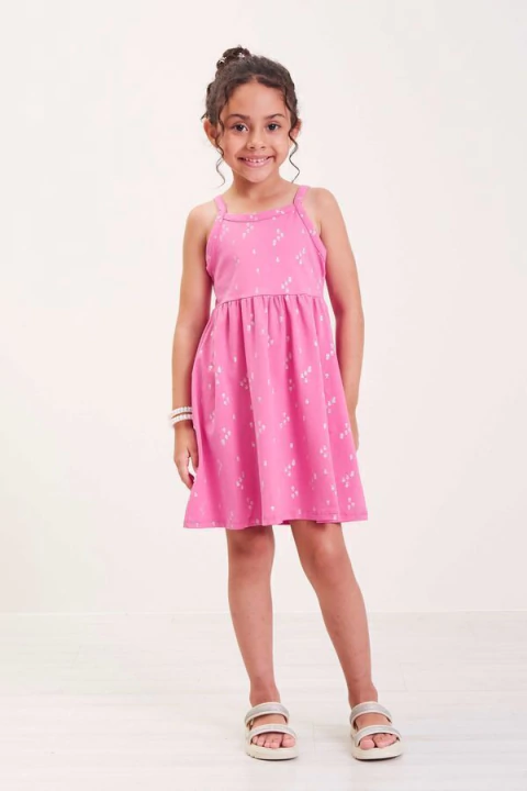 VESTIDO INFANTIL ROSA ESTAMPADO ELIAN EM COTTON LEVE DE ALCA