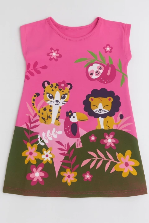 VESTIDO BEBÊ MENINA KELY KETY MEIA MALHA ESTAMPA DE BICHINHOS EM MANGA CURTA