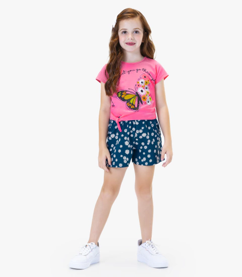 CONJUNTO INFANTIL FEMININO DE BLUSA COM SHORTS FLORAL 100% ALGODÃO
