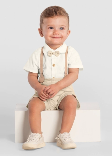 Conjunto social menino com suspensório de festa batizado casamento MUNDI de Camisa Tricoline e Bermuda Linho