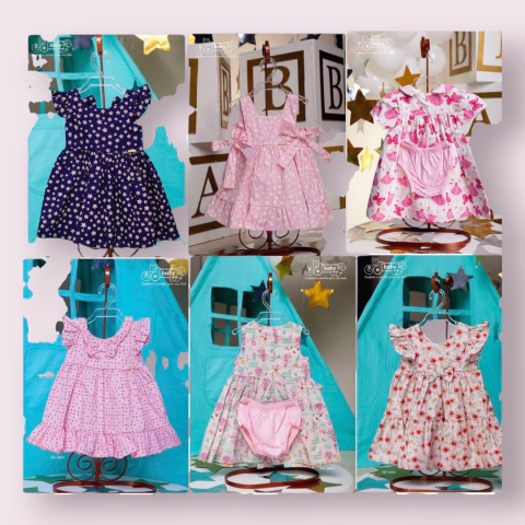 VESTIDO INFANTIL ESTAPAMPADO COM CALCINHA 100% ALGODÃO - 2 PEÇAS - VESTIDO DE BEBÊ COM TAPA FRALDA