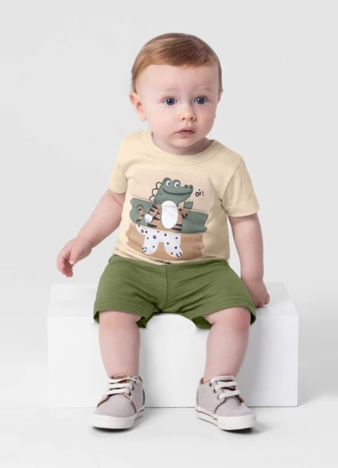 Conjunto Infantil Masculino Conjunto bebê menino de Camiseta Meia Malha e Bermuda Moletinho Canelado Brandili