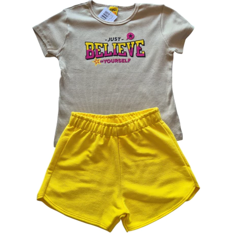Conjunto infantil feminino de blusa manga curta e shorts bermuda Rovitex lettering ou estampa